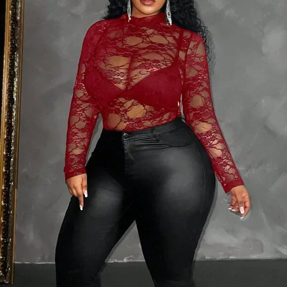 Red Sexy Casual Women's Plus Size Lace Blouse